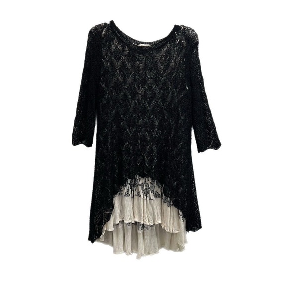 JOHN MARK Tunic Women SMALL Lace Crochet Overlay Floral Black Cream 3/4 Sleeves - Picture 1 of 15